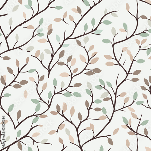 Elegant pattern wallpaper with a delicate hand-drawn design of intertwined branches and small leaves in muted taupe and soft mint, trendy botanical style, trendy pattern, aesthetic look.