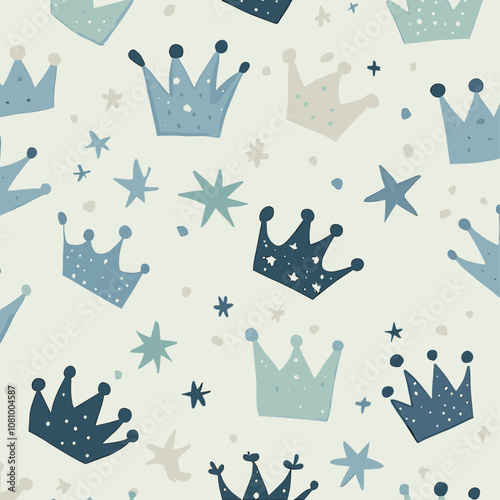 Trendy whimsical design with delicate crowns and stars in pale blue and muted green, ideal for enchanting wallpaper, playful pattern for modern spaces, trendy pattern, charming accents.