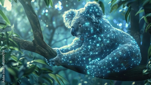 A koala bear is sitting in a tree with a glowing digital outline. photo