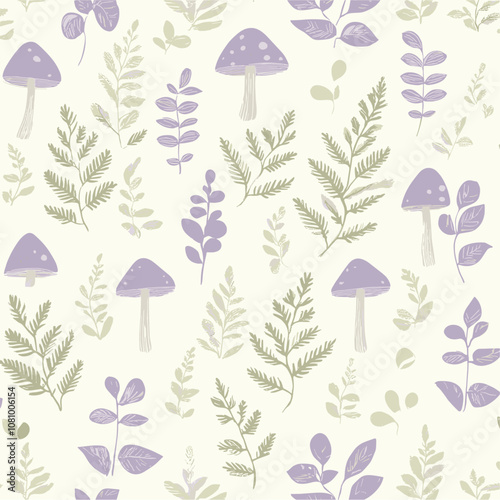 Light cream background with whimsical tiny mushrooms and ferns in pale mint and muted lavender, trendy pattern wallpaper, nature-inspired design, whimsical look for rooms.