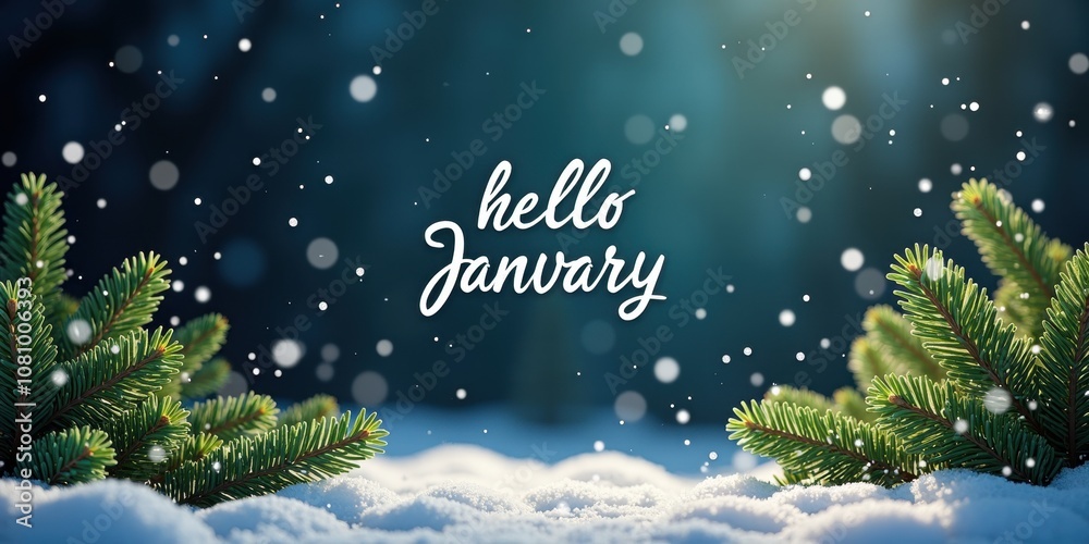 Naklejka premium A serene winter scene featuring fresh snow and pine branches, perfect for welcoming January. Ideal for seasonal marketing, holiday greeting cards, and winter promotions.
