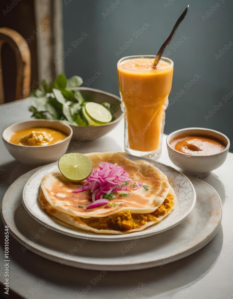 A Vibrant Spread of Fresh Roti Canai with Curry, Paired with Freshly Squeezed Juice and Garnishes, Captured in Soft Natural Light on a Minimalist Table Setting
