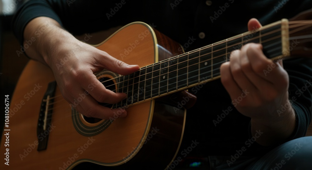 Fototapeta premium Musician playing acoustic guitar in low light