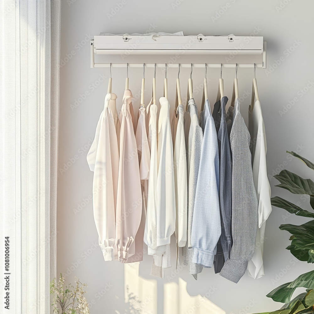 Clothes hanging on rack in a white room. Clothes hanging on rack in a white room.