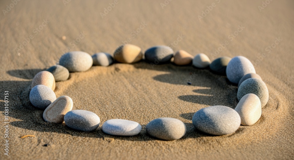 Seashore pebble heart shape on sandy beach at sunset