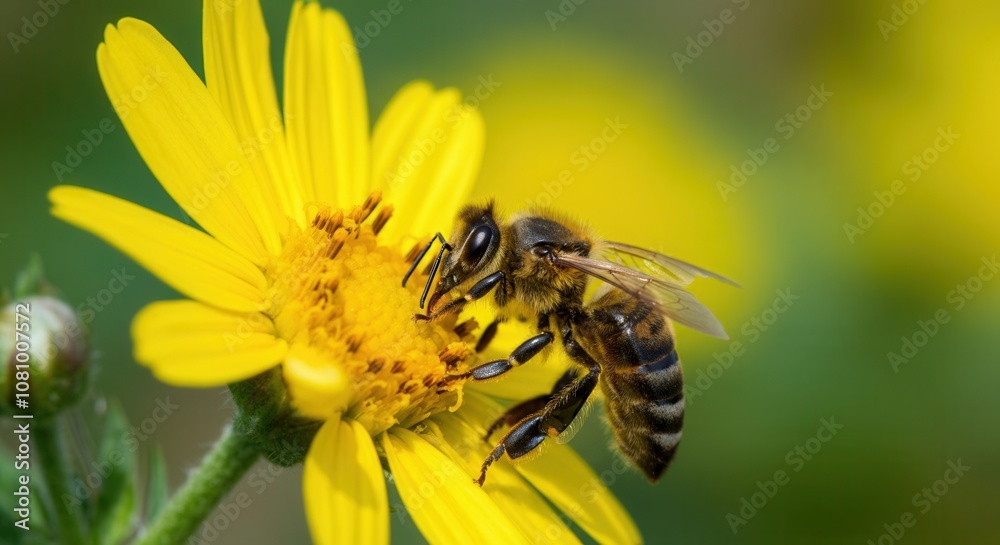 Close-up of bee pollinating vibrant yellow flower Close-up of bee pollinating vibrant yellow flower