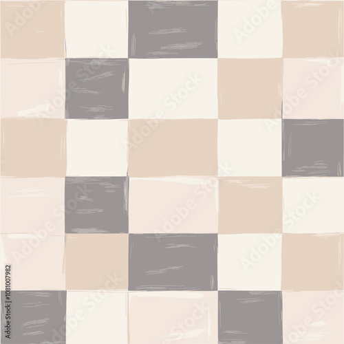 Trendy pattern with hand-drawn chessboard design, light gray and warm orange squares, black background, vector illustration, textile design, wallpaper, card design, banner.