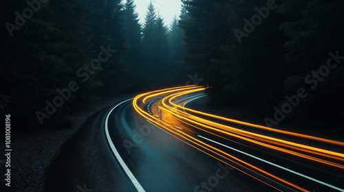 Curved road through a forest with bright light trails indicating fast-moving vehicles in a misty nighttime setting