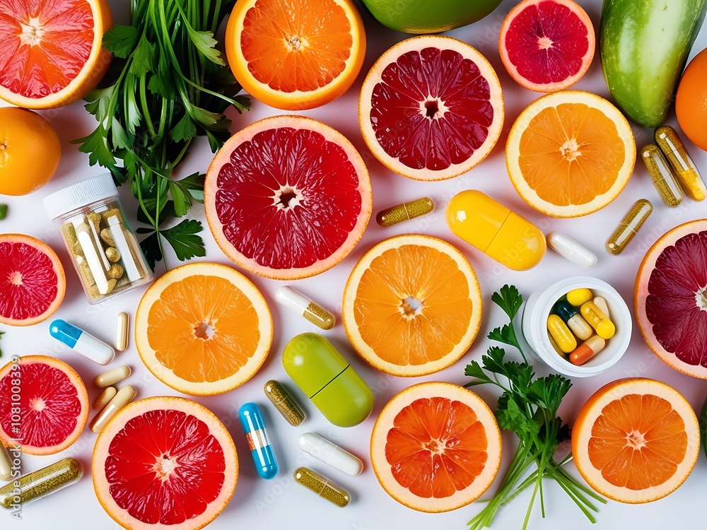 A vibrant display of fresh fruits and vegetables alongside various dietary supplements, emphasizing the importance of a balanced diet and supplementation. A vibrant display of fresh fruits and vegetables alongside various dietary supplements, emphasizing the importance of a balanced diet and supplementation.