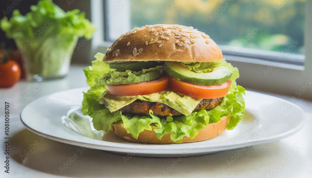 Bold Presentation of a Gluten-Free Vegan Burger on a Clean White Plate with Avocado, Lettuce, and Tomato, Captured in Crisp Detail with a Minimalist Background