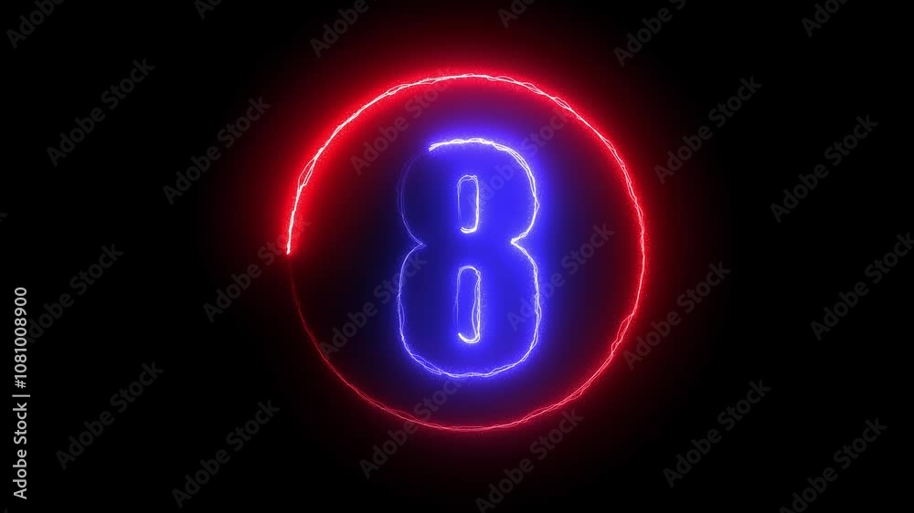 Neon bright blue number and red circle glowing countdown timer from 10 to 1 Neon bright blue number and red circle glowing countdown timer from 10 to 1