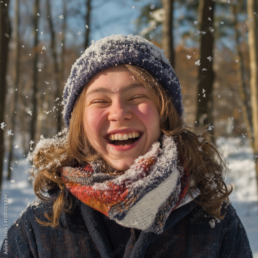 A woolen hat and scarf laughing joyfully surrounded by swirling snowflakes A woolen hat and scarf laughing joyfully surrounded by swirling snowflakes
