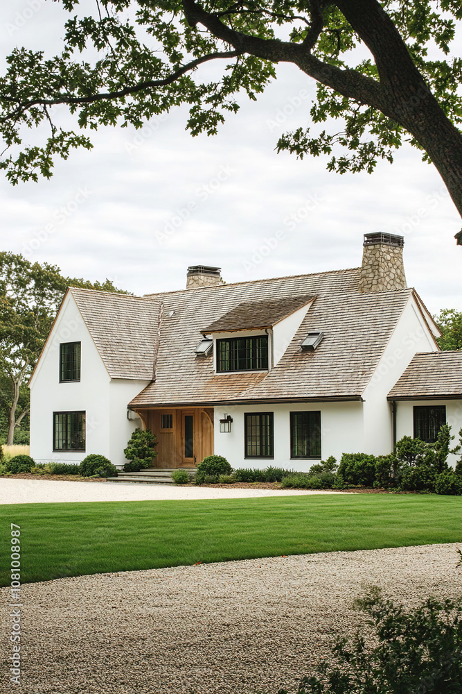 A modern farmhouse-style house in the Hamptons, with a shingle roof and walls, white stucco with dark wood accents, large windows, a front view, a green lawn, a driveway, and a tree-lined street. A modern farmhouse-style house in the Hamptons, with a shingle roof and walls, white stucco with dark wood accents, large windows, a front view, a green lawn, a driveway, and a tree-lined street.