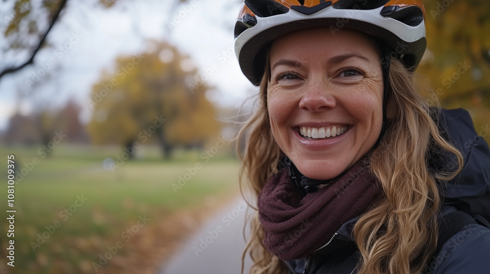Twarz blondynki w kasku rowerowym, której promienny uśmiech odzwierciedla pasję do jazdy na rowerze i świadomość bezpieczeństwa. Twarz blondynki w kasku rowerowym, której promienny uśmiech odzwierciedla pasję do jazdy na rowerze i świadomość bezpieczeństwa.
