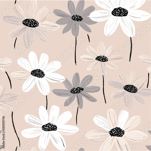 Romantic hand-drawn floral pattern in light grey and muted pink, trendy wallpaper design with soft backdrop, delicate daisies, vector illustration for modern decor.