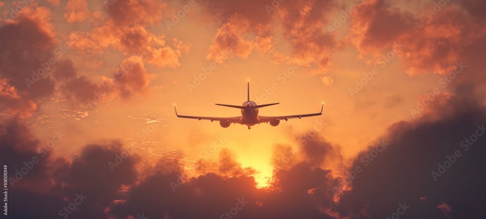 Majestic Sunset Flight: Airplane Silhouette Against Fiery Sky Majestic Sunset Flight: Airplane Silhouette Against Fiery Sky