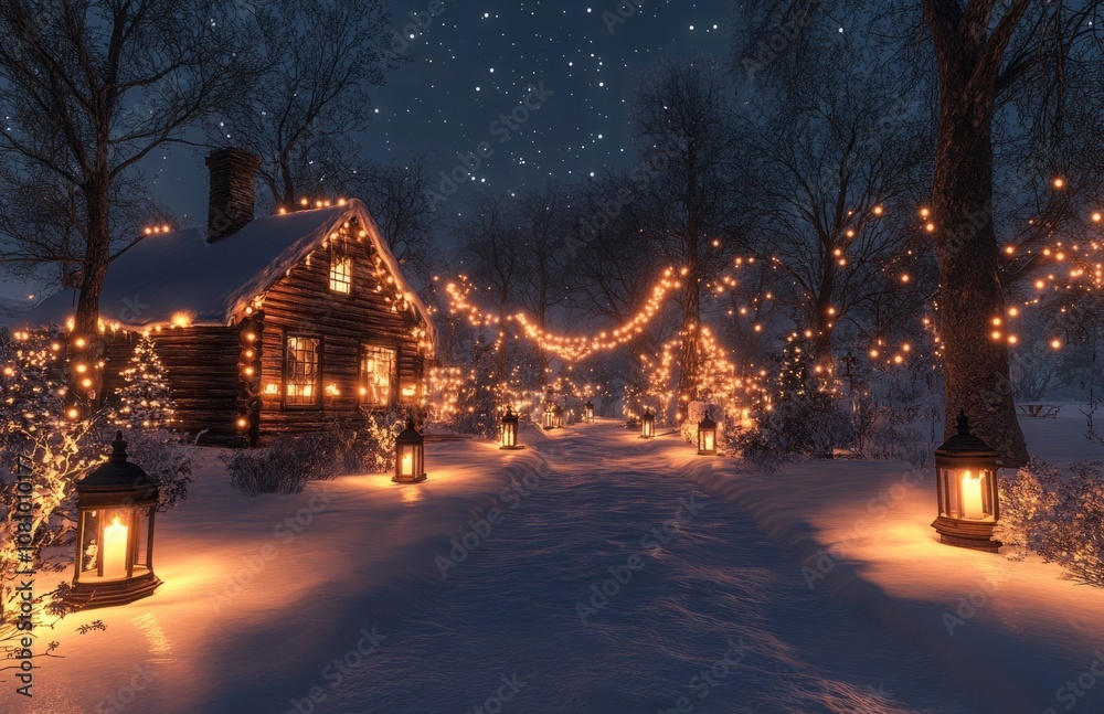 Cozy winter scene with lanterns, snow-covered path, and twinkling lights Cozy winter scene with lanterns, snow-covered path, and twinkling lights