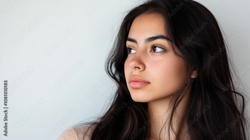 A Young Woman with Long Dark Hair Gazing Off to the Side A Young Woman with Long Dark Hair Gazing Off to the Side