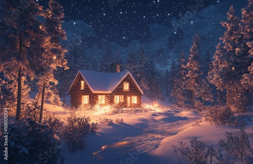 Cozy Log Cabin in Snowy Woods Under Starry Night Sky