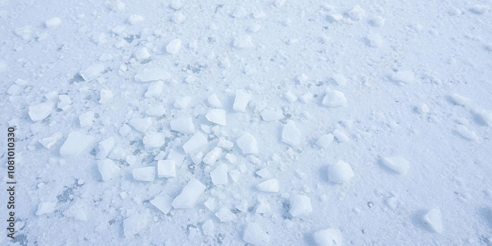Crushed ice scattered across a winter landscape with textured snow, environment, weather Crushed ice scattered across a winter landscape with textured snow, environment, weather