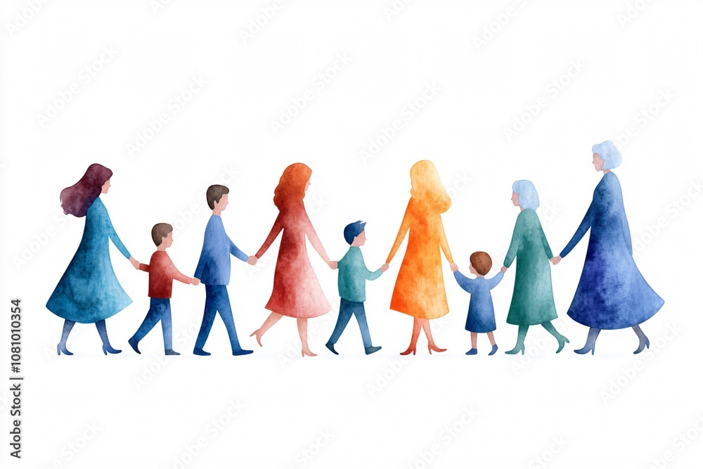 Naklejka premium Family of eight people walking together and holding hands in a watercolor painting, symbolizing unity and togetherness