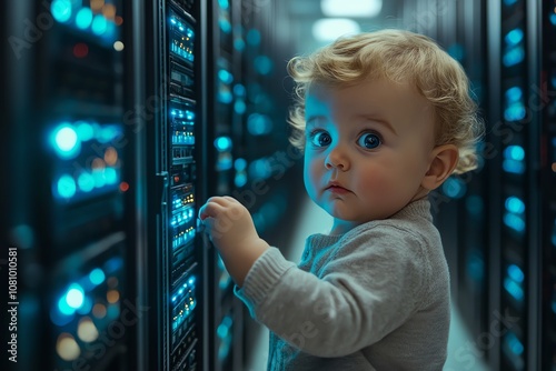 A curious baby in a server room, looking at the glowing lights.