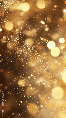 Abstract gold glitter texture and soft bokeh, background with golden glowing sparkles for New Year or Christmas Eve postcard with copy space for text, Shimmering gold background