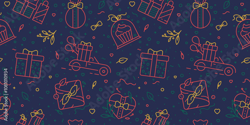 Christmas presents seamless pattern - Xmas gifts on indigo background - Vector linear minimalist. Japanese wrapping, box gifts, knot, ribbon, New Year, Holidays, floral elements - Birthday decor