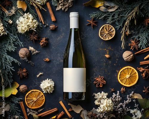 Elegant wine bottle surrounded by seasonal herbs and spices