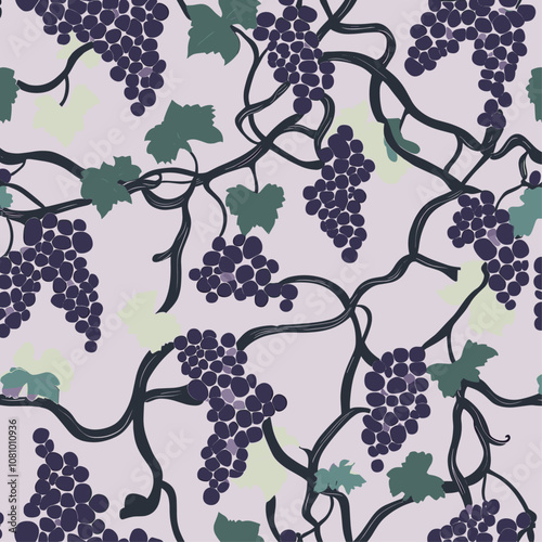 Elegant home decor with hand-drawn grape stems in dark purple and muted green, trendy pattern for wallpaper and vineyard design accents, perfect for stylish spaces. photo