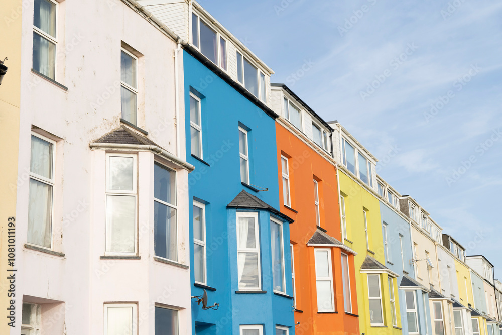 Fototapeta premium Colorful and vibrant generic multistorey apartment buildings against a bright blue sky