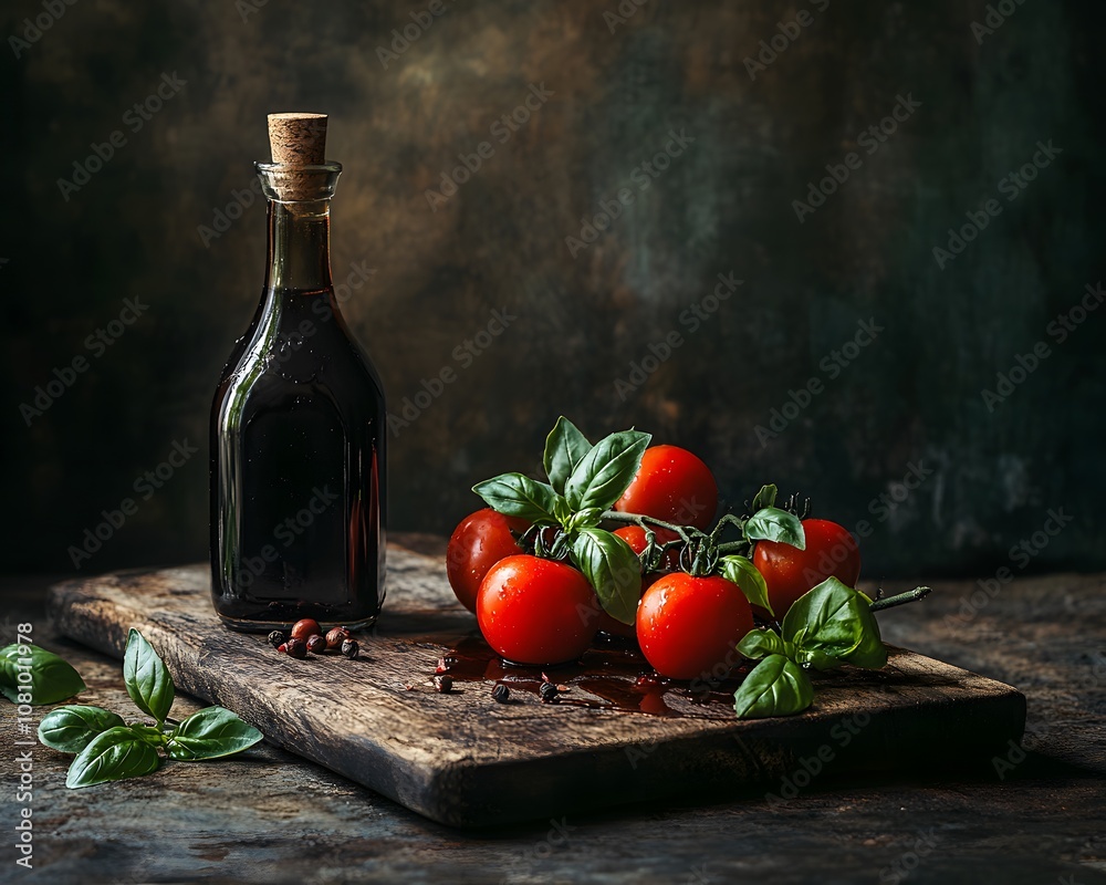 Fresh tomatoes and basil with olive oil on a rustic wooden board Fresh tomatoes and basil with olive oil on a rustic wooden board