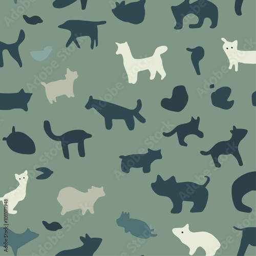 Nature-themed trendy pattern with gray and teal animal silhouettes, artistic style on a muted green background, vector illustration for decorative design.