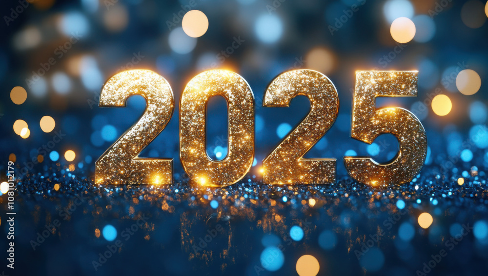 New year banner or greeting card with Luminous inscription Hello 2025