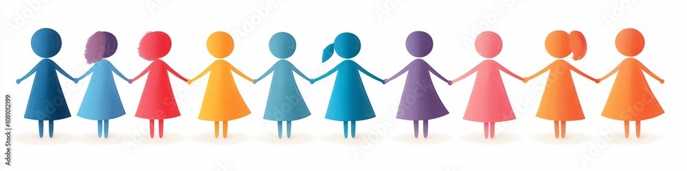 Diverse group of stylized women joining hands, symbolizing community, teamwork, and female empowerment Diverse group of stylized women joining hands, symbolizing community, teamwork, and female empowerment