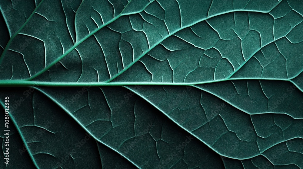 Obraz premium Close-up of a dark green leaf showing intricate vein patterns and texture with a focus on the natural details and organic lines across the surface creating an abstract pattern.