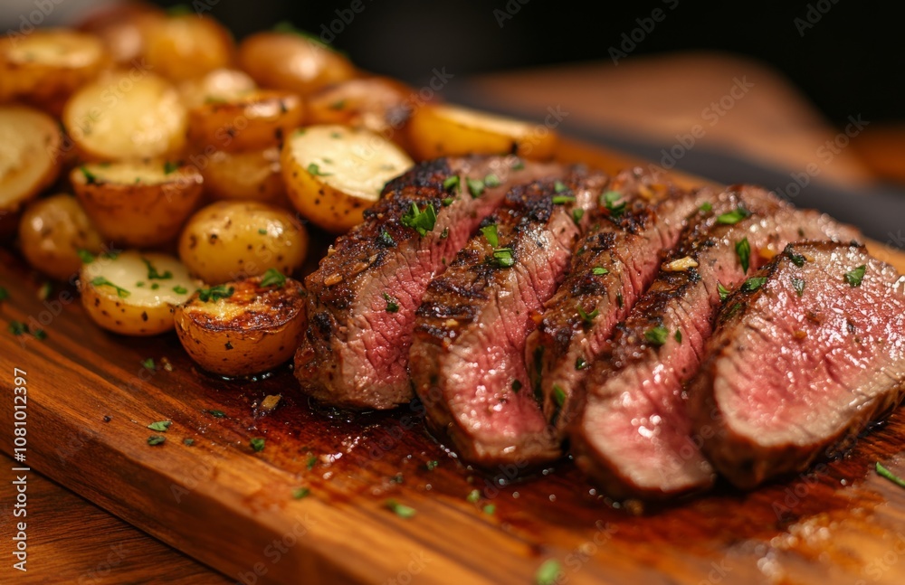 Sliced prime rib with roasted potatoes and garlic on a wooden board Sliced prime rib with roasted potatoes and garlic on a wooden board
