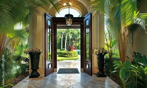 Elegant foyer with panoramic views of a grand entrance and beautifully landscaped front yard