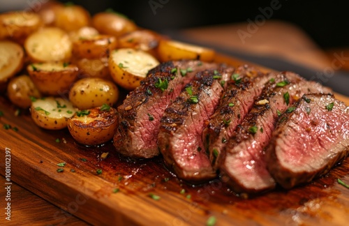 Sliced prime rib with roasted potatoes and garlic on a wooden board photo