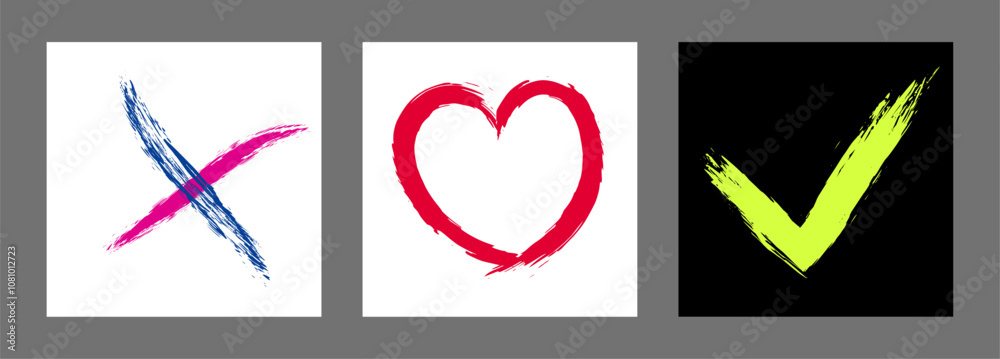 The cross, heart and OK symbol are hand-drawn with a brush. Prohibition, denial, error. Love. Approval, consent. Vector, set of 3 characters