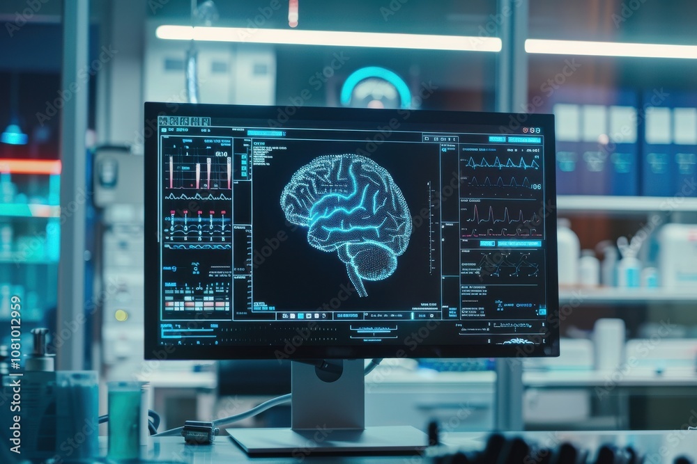 brain testing result on digital interface on laboratory or surgery background, innovative technology in science and medicine concept. medical technology brain testing result on digital interface on laboratory or surgery background, innovative technology in science and medicine concept. medical technology