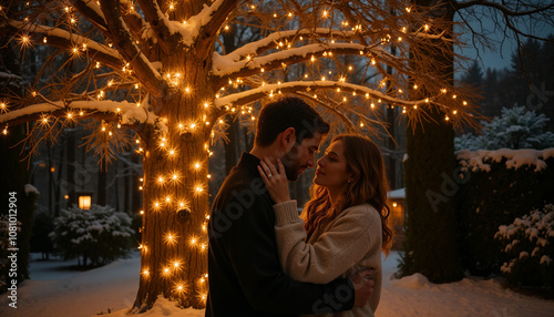 Couple sharing a romantic moment under Christmas lights, intimate proposal in a snowy setting photo