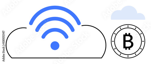 Cloud icon with wireless signal, blue accents, and Bitcoin symbol. Ideal for finance, cryptocurrency, cloud storage, digital finance, technology, wireless communication, internet of things themes