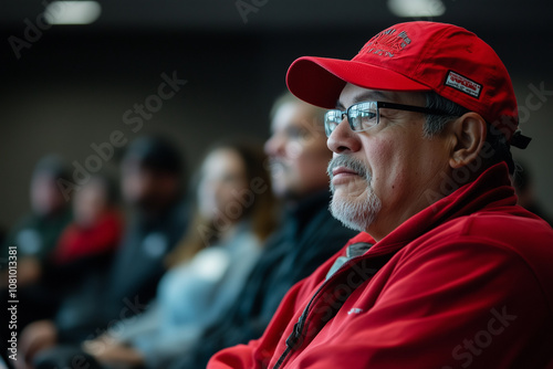 Man in red cap attentively watching seminar