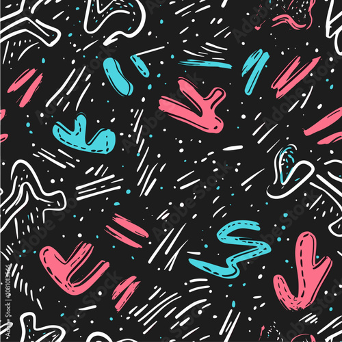 Trendy pattern with hand-drawn magenta bursts and cyan abstract shapes on black, outlined in white, vibrant design wallpaper, vector illustration