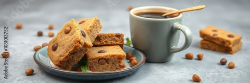 A plate of chocolate chip squares sits next to a cup of coffee and scattered nuts on a gray table