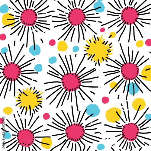 Fun design with hand-drawn yellow bursts magenta circles on a white cyan base trendy pattern wallpaper vector illustration modern chic style vibrant background