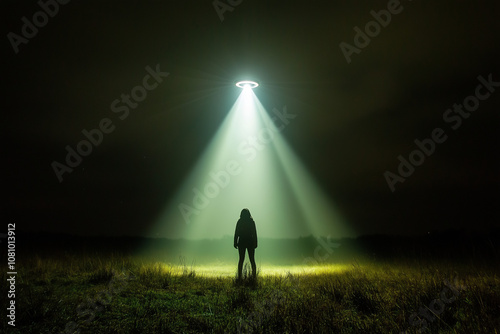 Person standing under spotlight from UFO in dark field