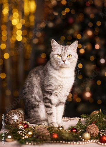 beautiful gray cat in New Year's lights for Christmas.