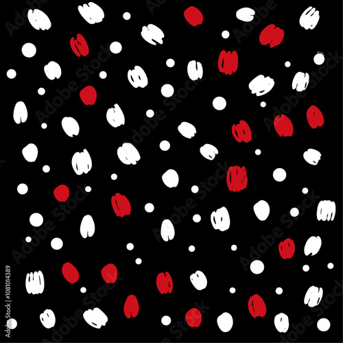 Bold aesthetic hand-drawn polka dots in deep red and white layered on black backdrop trendy pattern textile pattern card wallpaper vector illustration